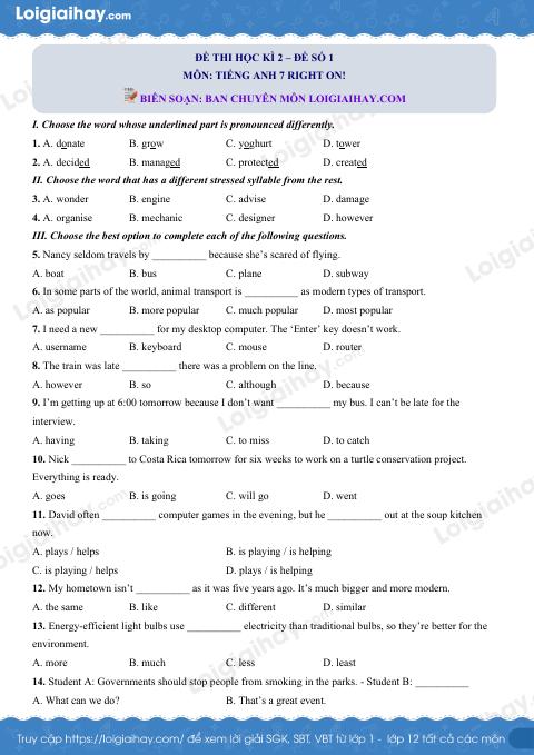 Đề thi học kì 2 Tiếng Anh 7 Right on! - Đề số 1